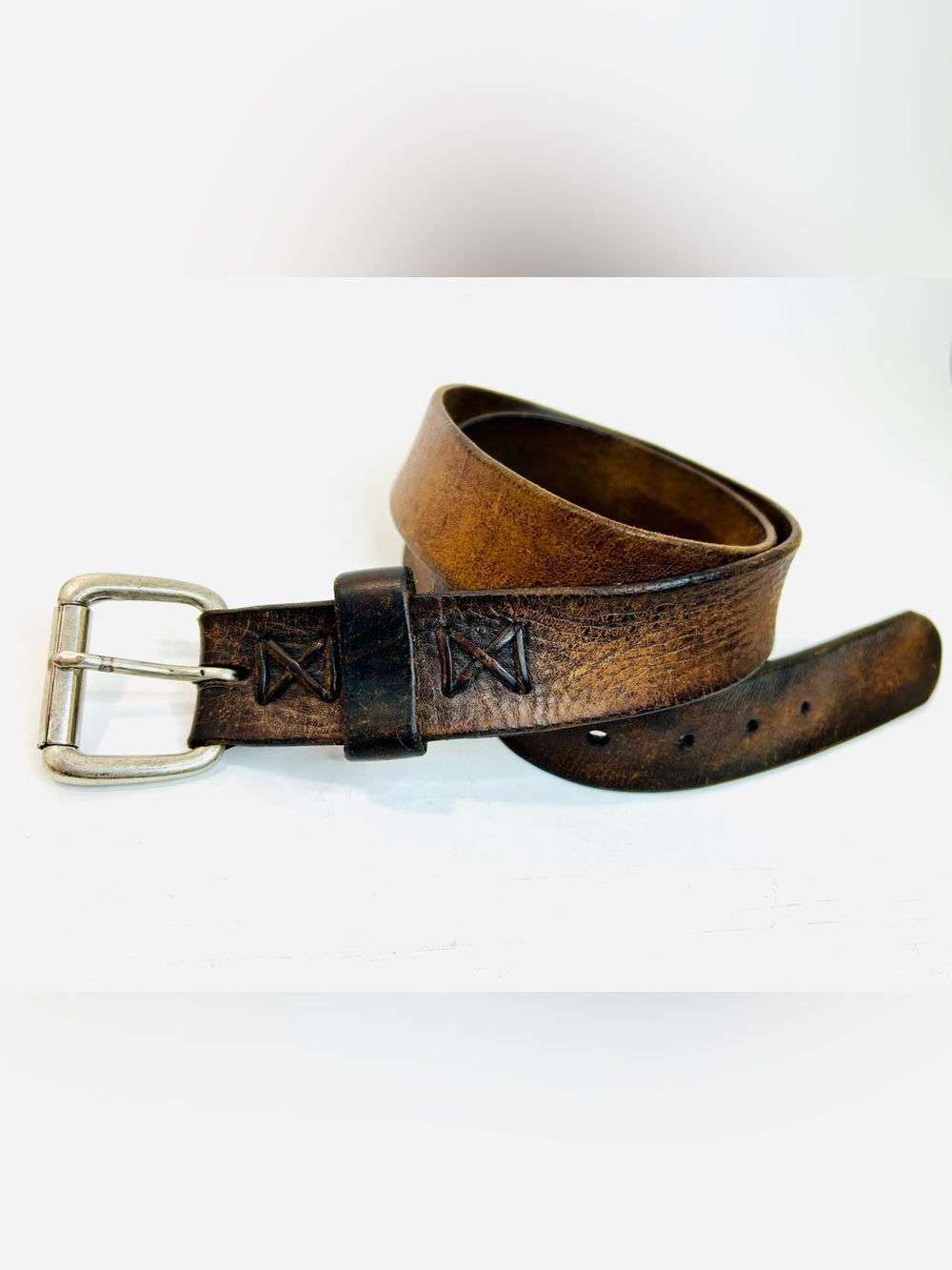 Vintage 90s Polo Ralph Lauren Western Brown Distressed Leather Belt Brass Buckle